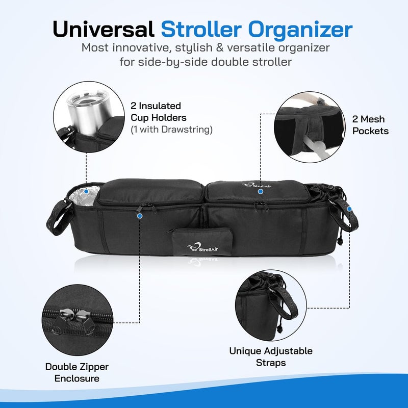 StrollAir - Universal Best Double Parent Stroller Organizer Caddy Insulated Cup Holder Console side-by-side Mountain Buggy TWIN WAY Bob Duallie Baby Jogger City Mini GT - Black - Image 2
